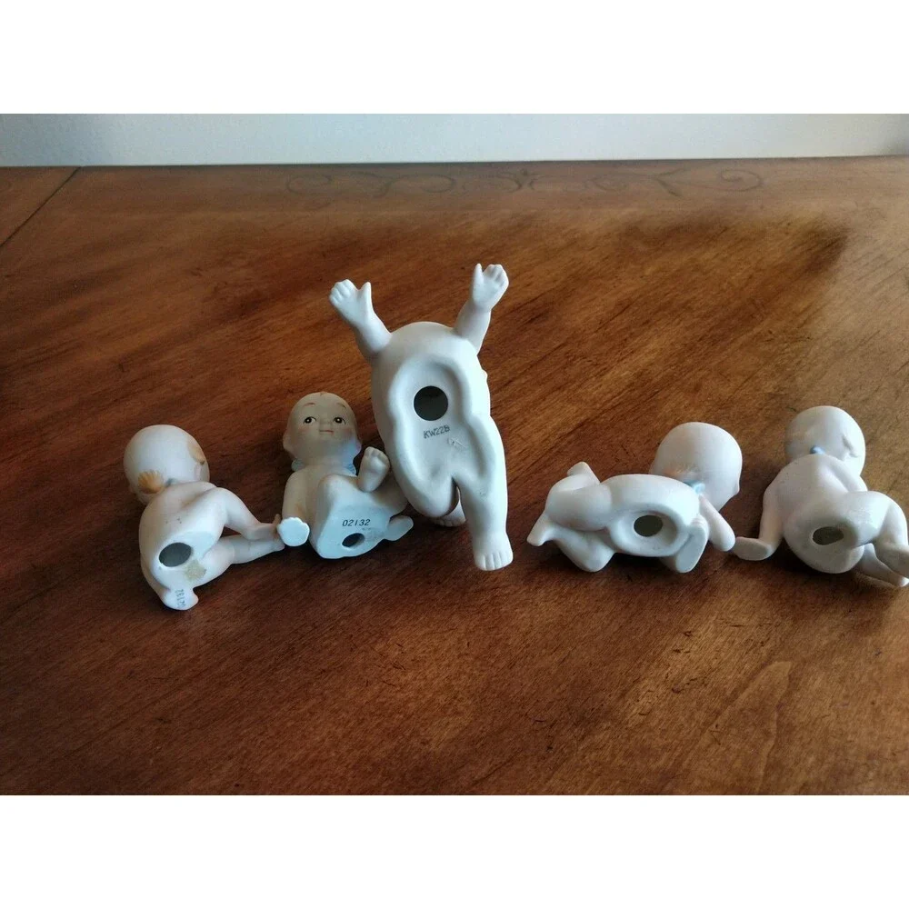 5x Vintage Lefton? Bisque Rose O'Neill Kewpie Doll Blue Wings 4 Mini + 1 Bigger